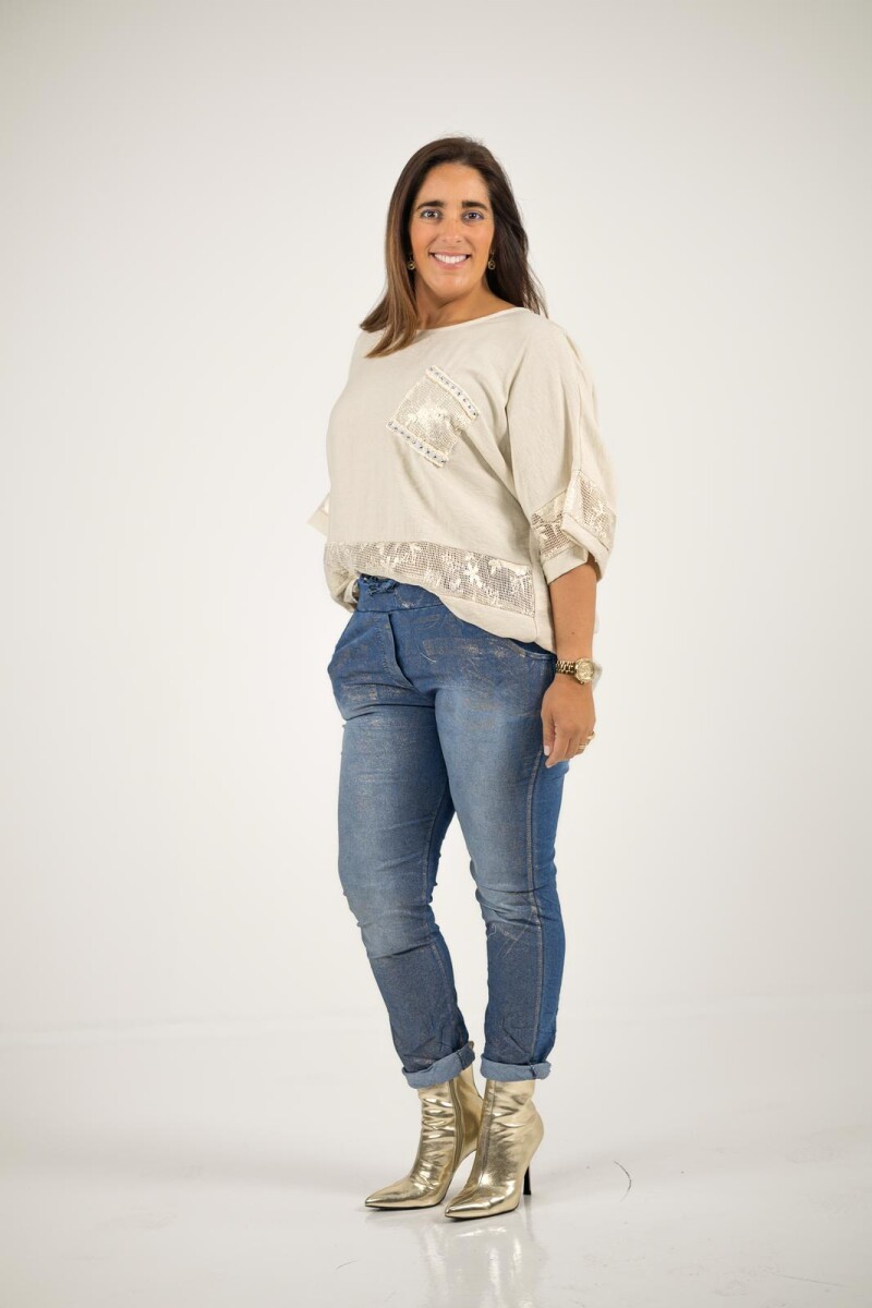 Blusa de viscosa con aplique dorado - Beige 