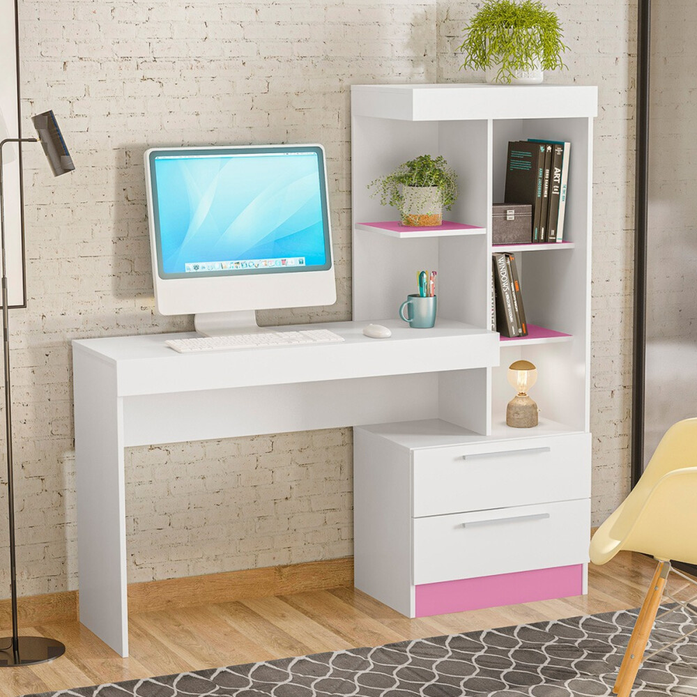 Escritorio PC con estantería y cajones BLANCO - FLEX