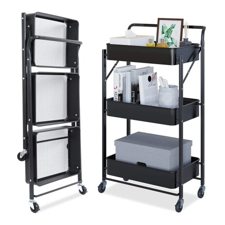 Carro Plegable Organizador Multiuso 3 Estantes Con Ruedas Negro