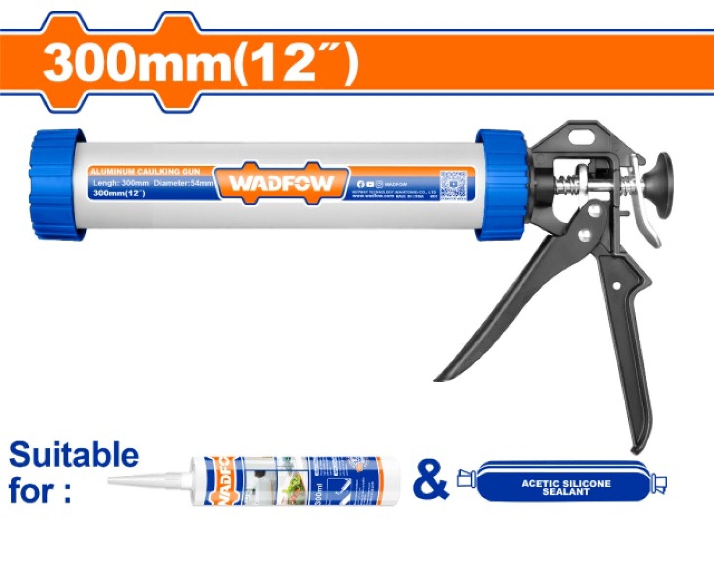 PISTOLA DE APLICAR SILICONA PRO 300MM 12´´ ALUMINIO 51MM WADFOW WCG5312 
