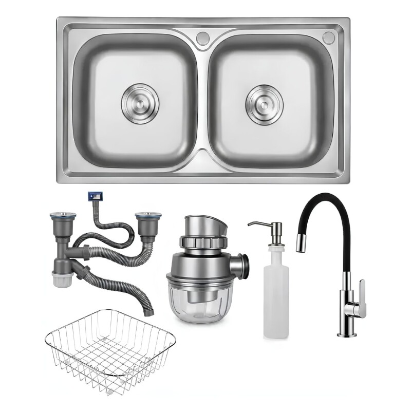Pileta Acero Doble 78x42 Canilla Plata