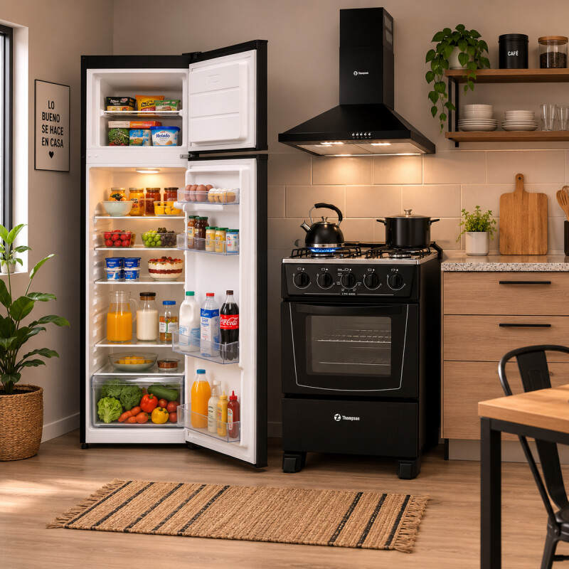COMBO THOMPSON HELADERA FULL BLACK CON COCINA Y CAMPANA EXTRACTORA NEGRA Combo Thompson Heladera Full Black Con Cocina Y Campana Extractora Negra