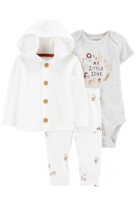 Set tres piezas de algodón, pantalón, saco con capucha y body estampa "little love" Set tres piezas de algodón, pantalón, saco con capucha y body estampa "little love"