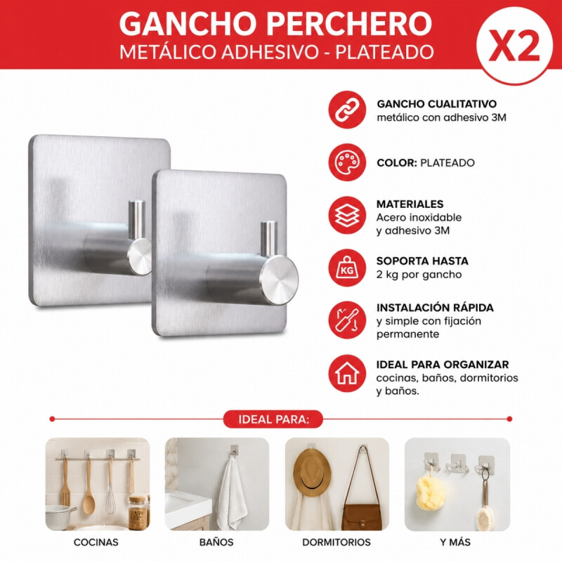 Kit 2 Ganchos perchero metálico adhesivo PLATEADO