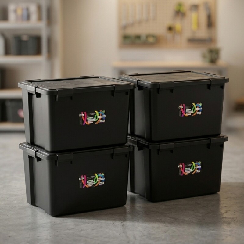 Set x4 Cajas organizadoras 80lts con 6 trabas NEGRO