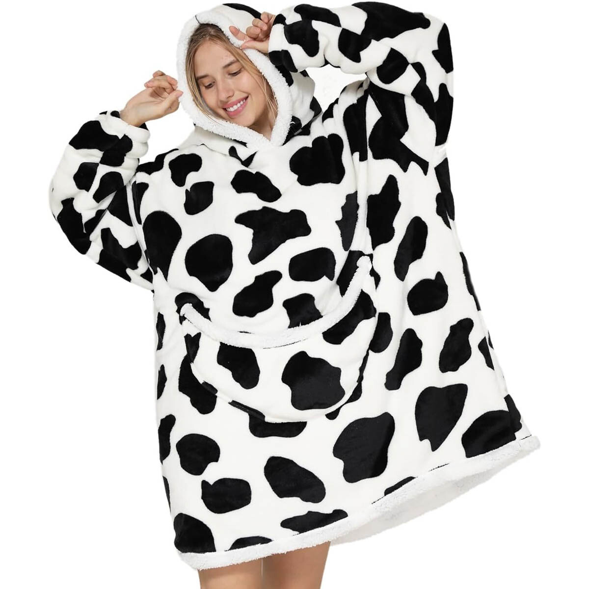 Manta Buzo Poncho Canguro Polar C/ Capucha Corderito - Negro/Blanco 