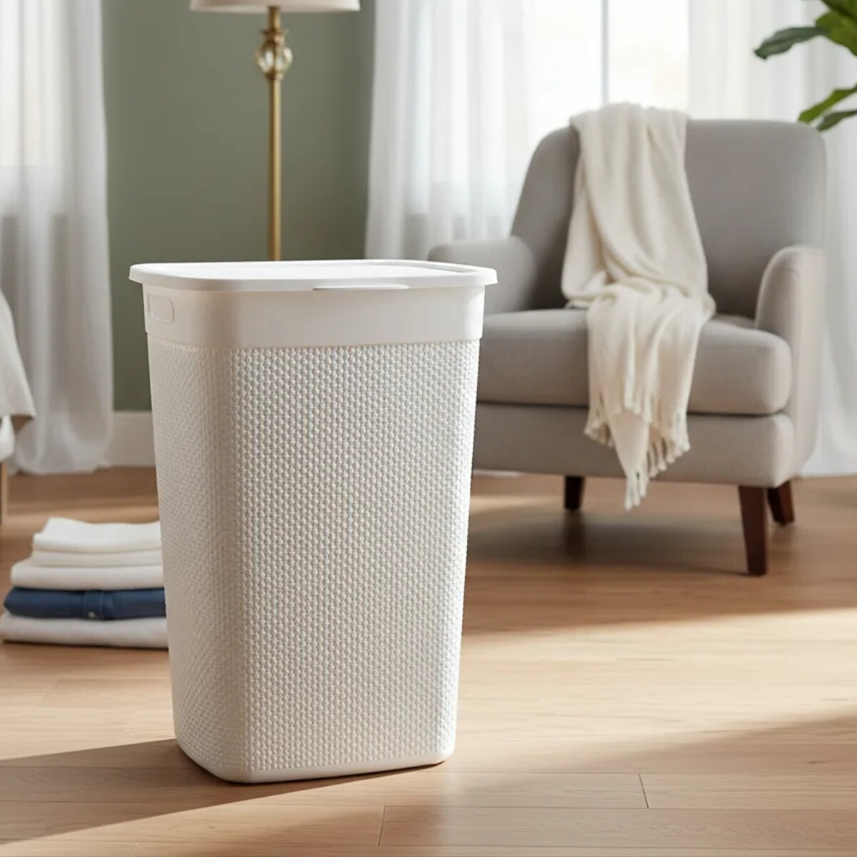 Cesto para ropa simil ratán con tapa 55 lts - BLANCO 