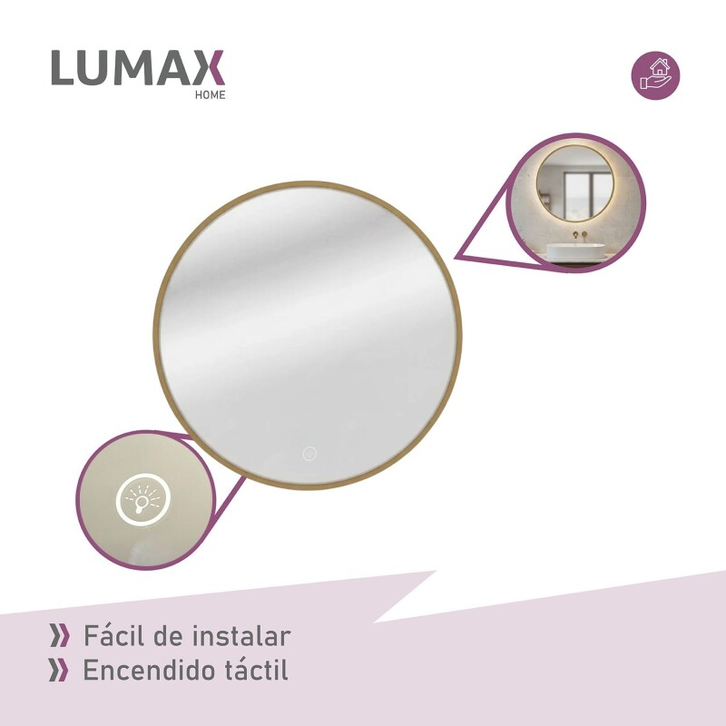 Espejo Lumax Doddy redondo con marco y luz 60cm Dorado