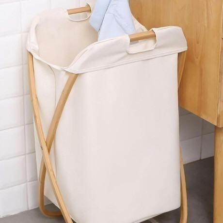Cesto de ropa plegable 40x34x66cm – Bambú y tela Beige