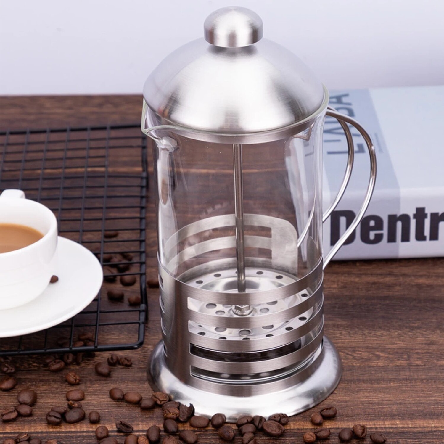 Cafetera Manual Embolo Vidrio Y Acero 1000 Ml Calidad Hts - Plateado — HTS