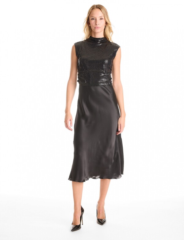 Vestido Noche Midi Satinado Con Top De Lentejuelas NEGRO