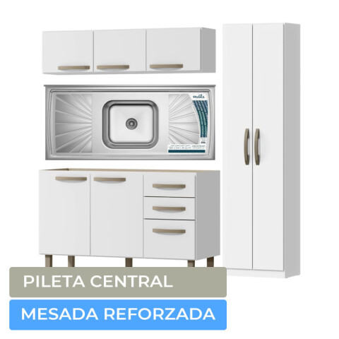 Combo de Cocina Bajo Mesada 3 Puertas + Pileta Reforzada con Hormigón + Aéreo 3 Puertas + Mueble Multiusos 2 Puertas - Blanco Combo de Cocina Bajo Mesada 3 Puertas + Pileta Reforzada con Hormigón + Aéreo 3 Puertas + Mueble Multiusos 2 Puertas - Blanco