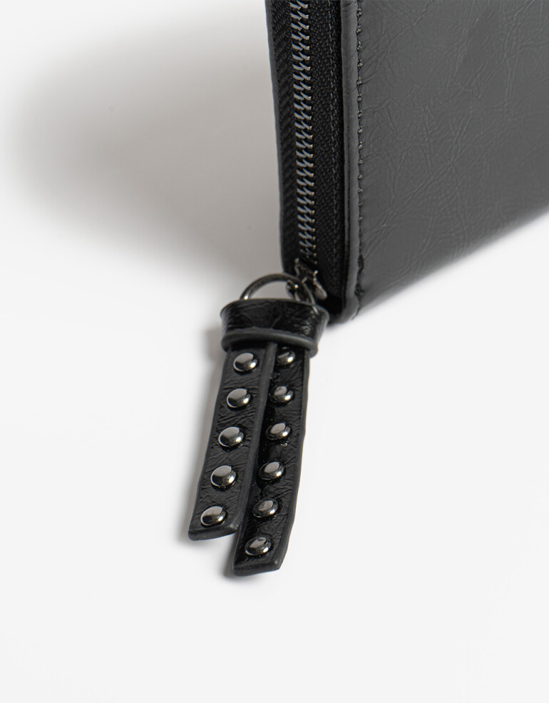 Billetera Zip Round Billetera Efecto Satinado Negro - Negro