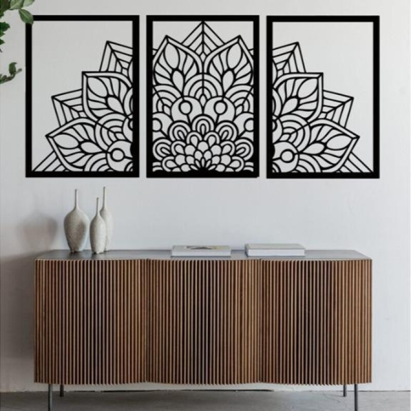 Triptico Cuadro Mandala En Madera Calada 103 X 70 Cmts Negro