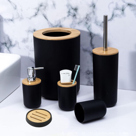 Set De Baño Completo Moderno 6 Piezas Bambú y Plástico Negro