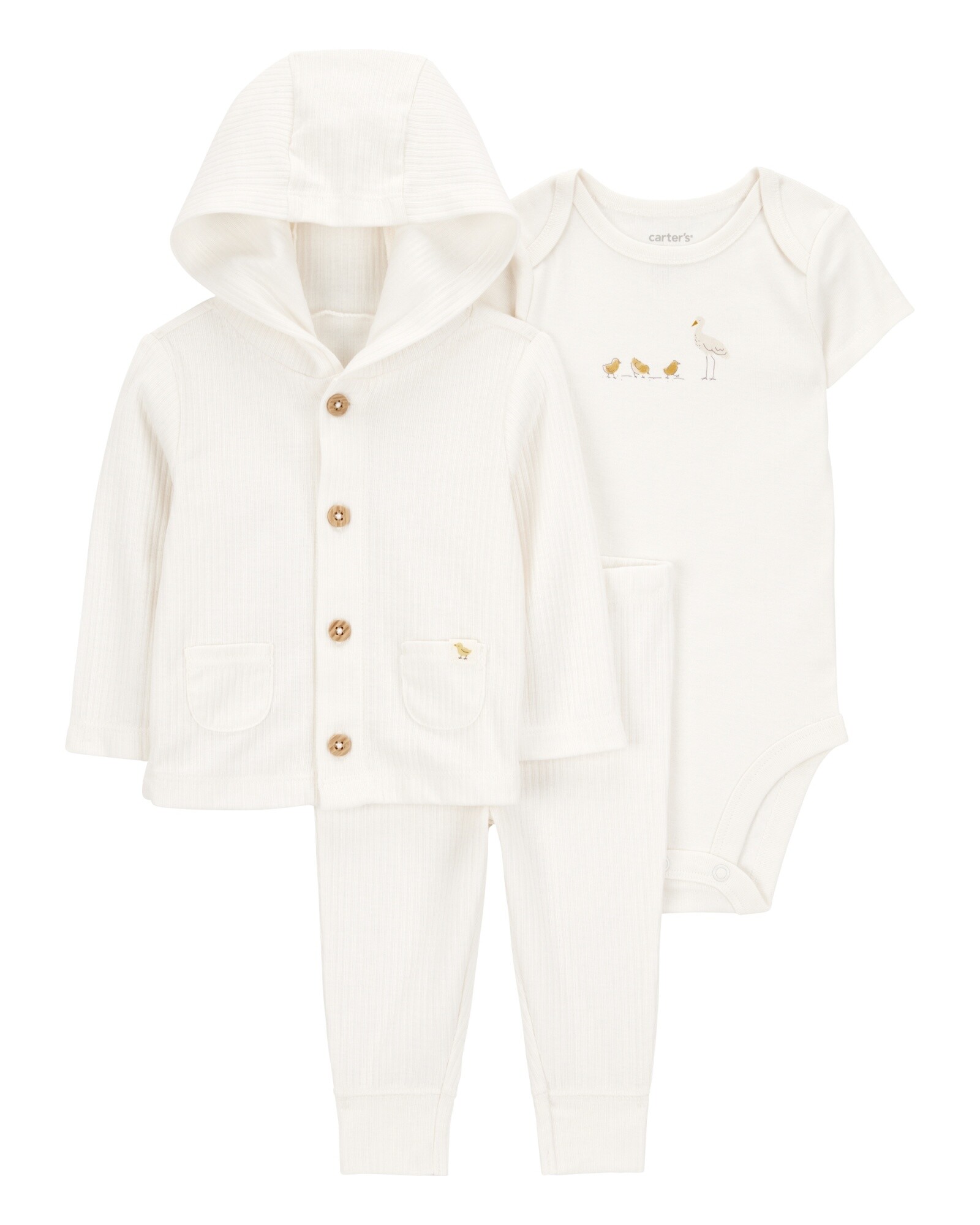 Set tres piezas de algodón, pantalón, saco con capucha y body Sin color