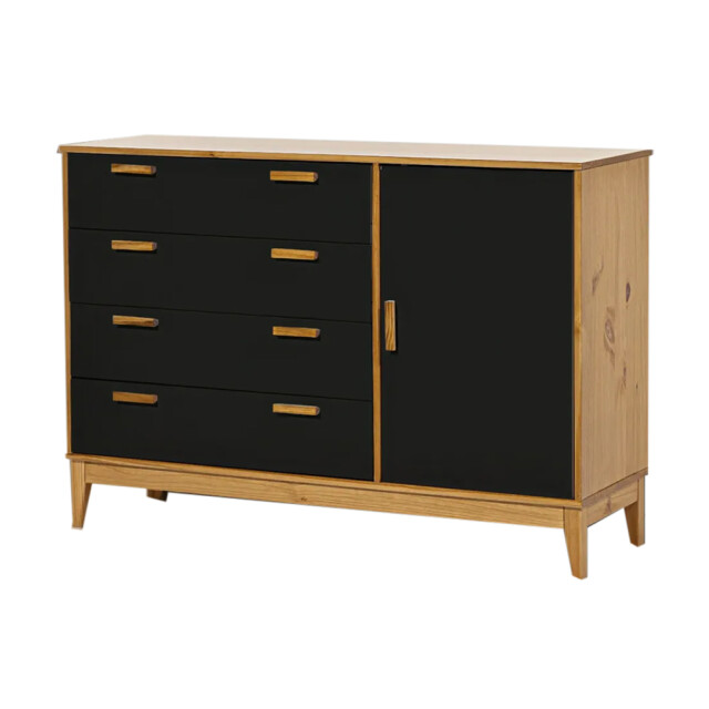 CÓMODA CAJONERA GUARDARROPA 4 CAJONES 1 PUERTA - MADERA MACIZA NEGRO