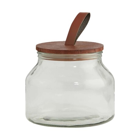Frasco Tarro Recipiente en Vidrio 1.6Lts Tapa Madera y Cuero Transparente