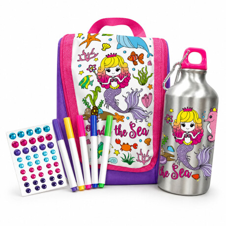 Set Lanchera Y Botella P/Colorear Infantil C/Fibras Stickers Rosa/violeta