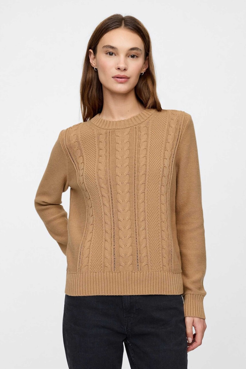 Buzo Cuello Redondo Cable Mujer Camel Hair