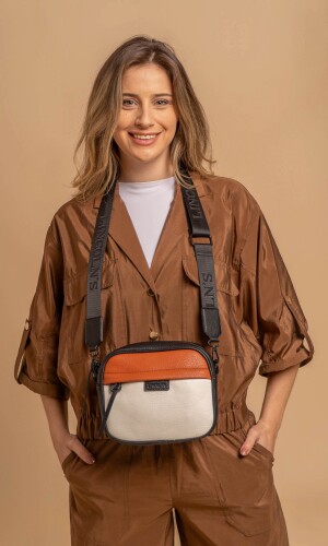 BANDOLERA MORRAL PALMA BLANCO - CARAMELO Y NEGRO