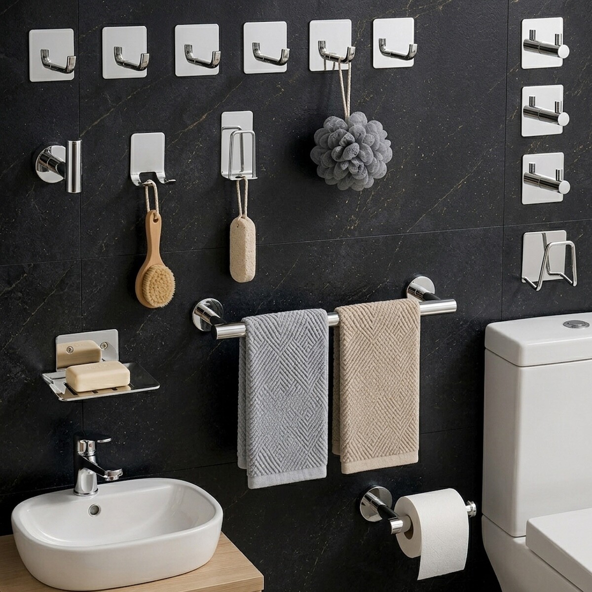 Set De Accesorios Para Baño Juego 16 Piezas Acero Inoxidable IMBACK Color Plateado 