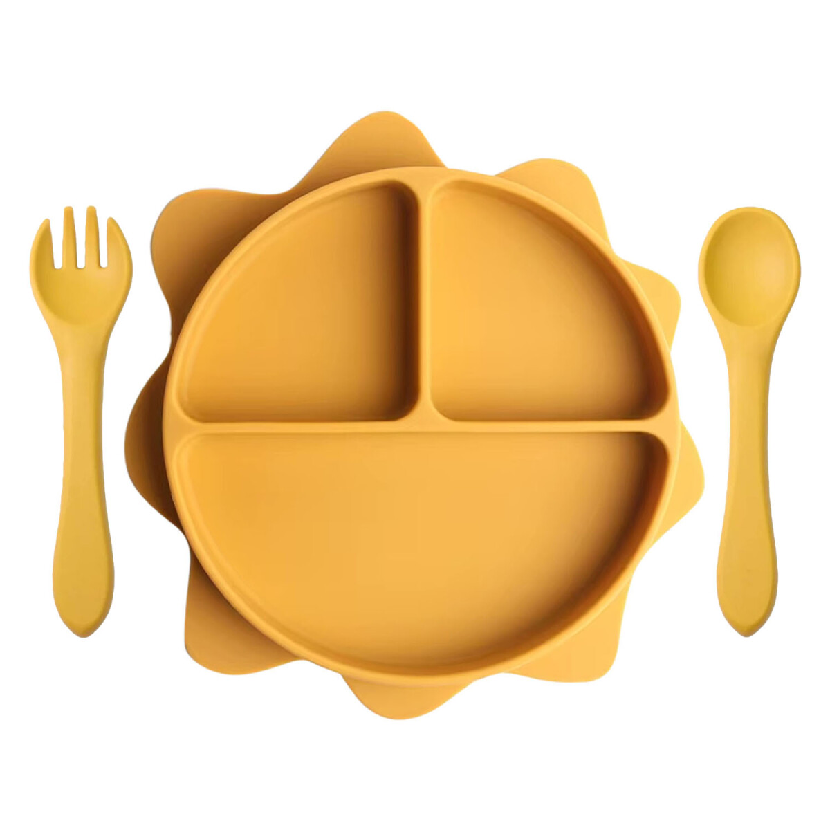 Set Comida Bebé Plato Sol con Divisiones + Cuchara y Tenedor - Mostaza 