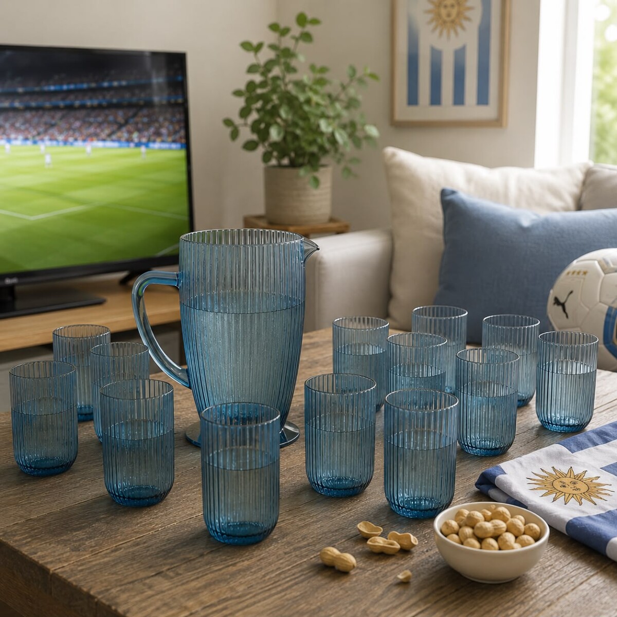 Combo Varela Jarra Labrada Line Azul Y Set de 12 Vasos labrado Line Azul 