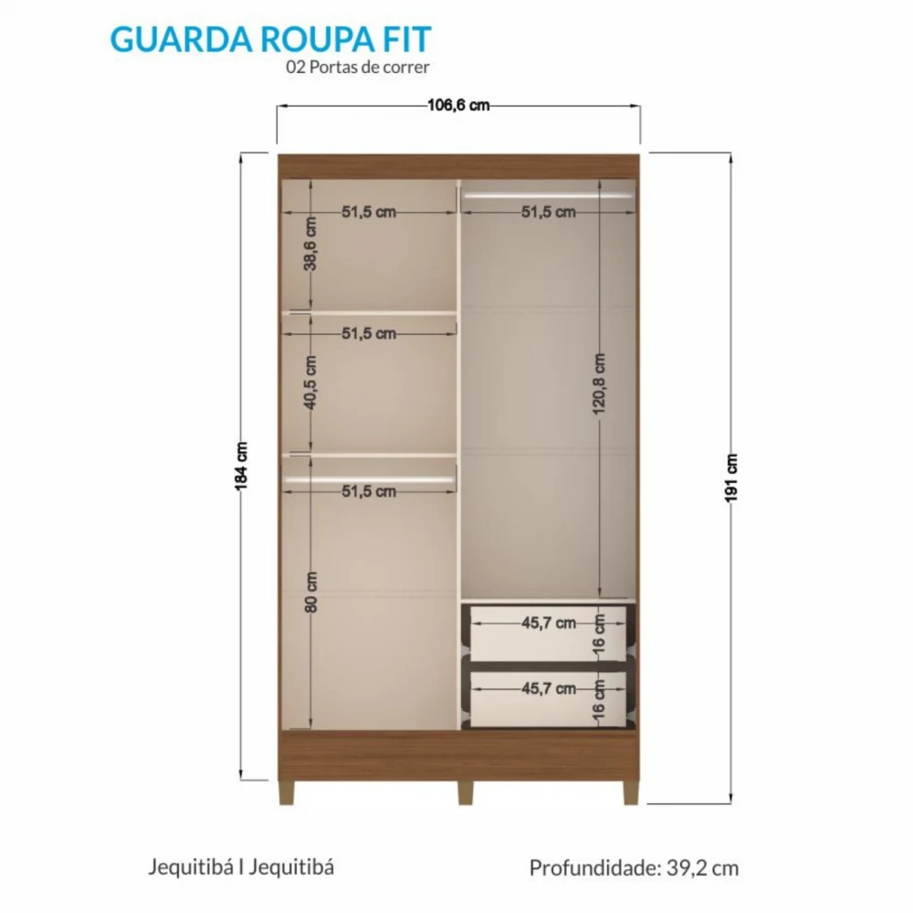 Ropero 2 puertas corredizas 2 cajones - Terminación Jequitibá - Linea FIT Ropero 2 puertas corredizas 2 cajones - Terminación Jequitibá - Linea FIT