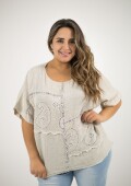 Blusa 100% lino con broderie y brillo Beige