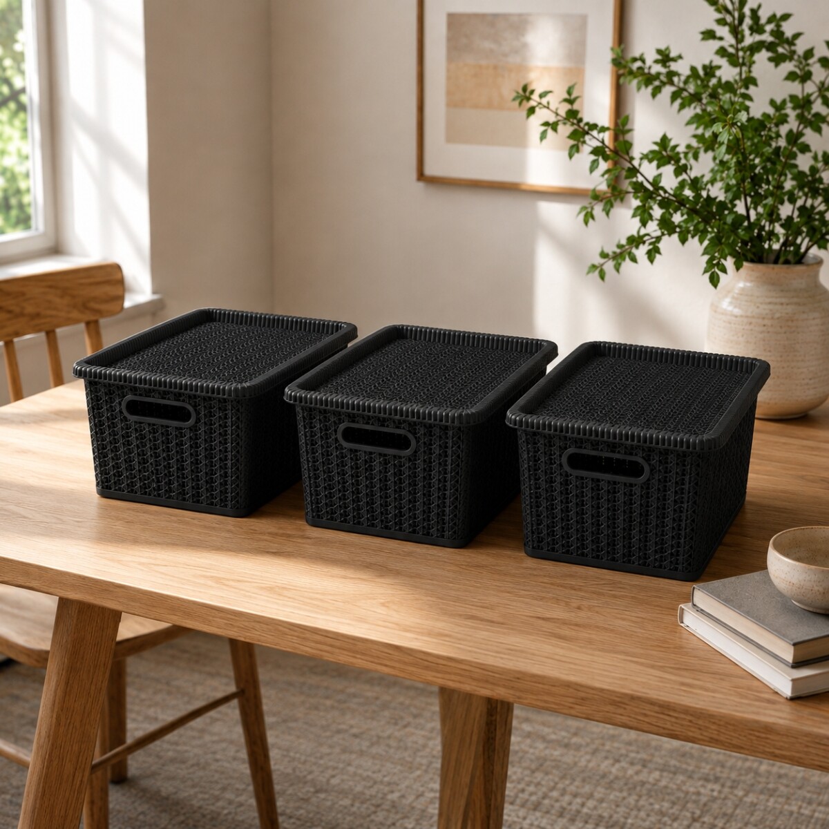 Set x3 caja organizadora simil ratán 5L - NEGRO 