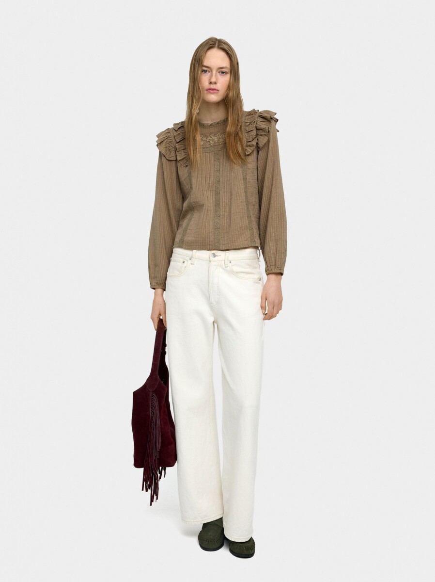 Blusa Con Bordados Y Volantes - beige 