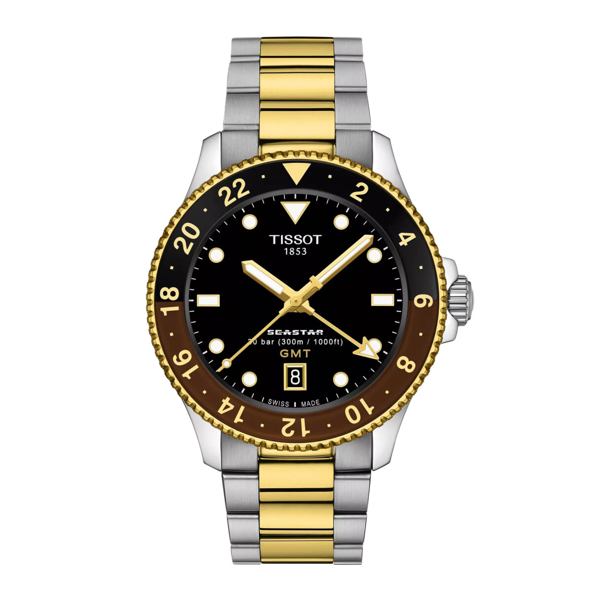 Reloj Tissot SEASTAR 1000 GMT 40MM -acero inoxidable con recubrimiento PVD en oro amarillo. 