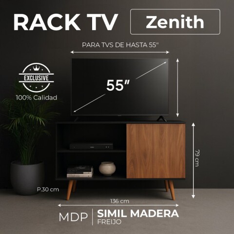 Mueble Rack de Tv Zenith de Piso con Puerta y Estantes 136 cm de Ancho - Negro / Freijo Mueble Rack de Tv Zenith de Piso con Puerta y Estantes 136 cm de Ancho - Negro / Freijo