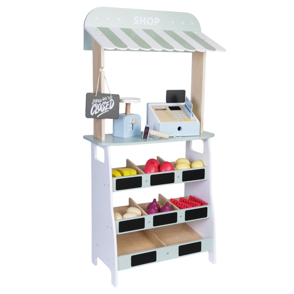 Mercado de Frutas de Madera con caja registradora y 18 frutas 