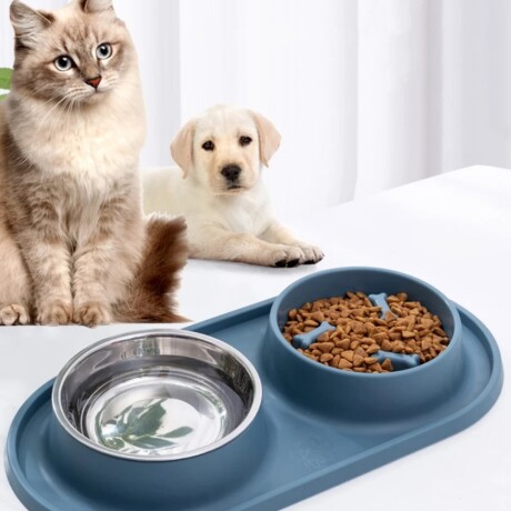 Plato Doble en Silicona con Comedero Come Lento para Mascotas Azul