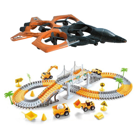 Set Pista Carreras Flexible Ciudad 140P + Avión Dron Remoto Naranja