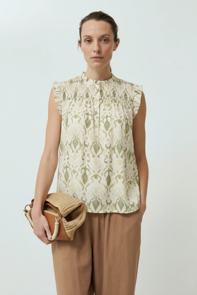 Blusa estampada punto smock verde oliva