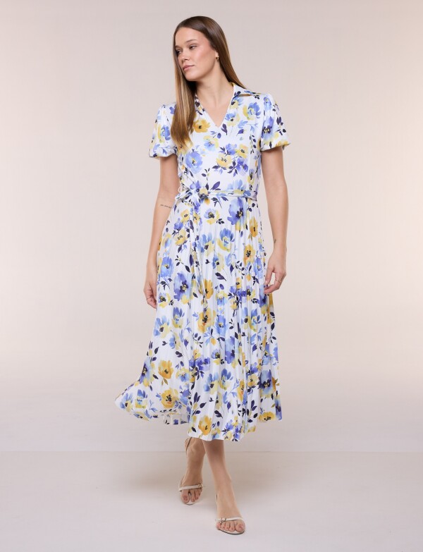 Vestido Midi Estampado Floral Con Lazo BLANCO/MULTI