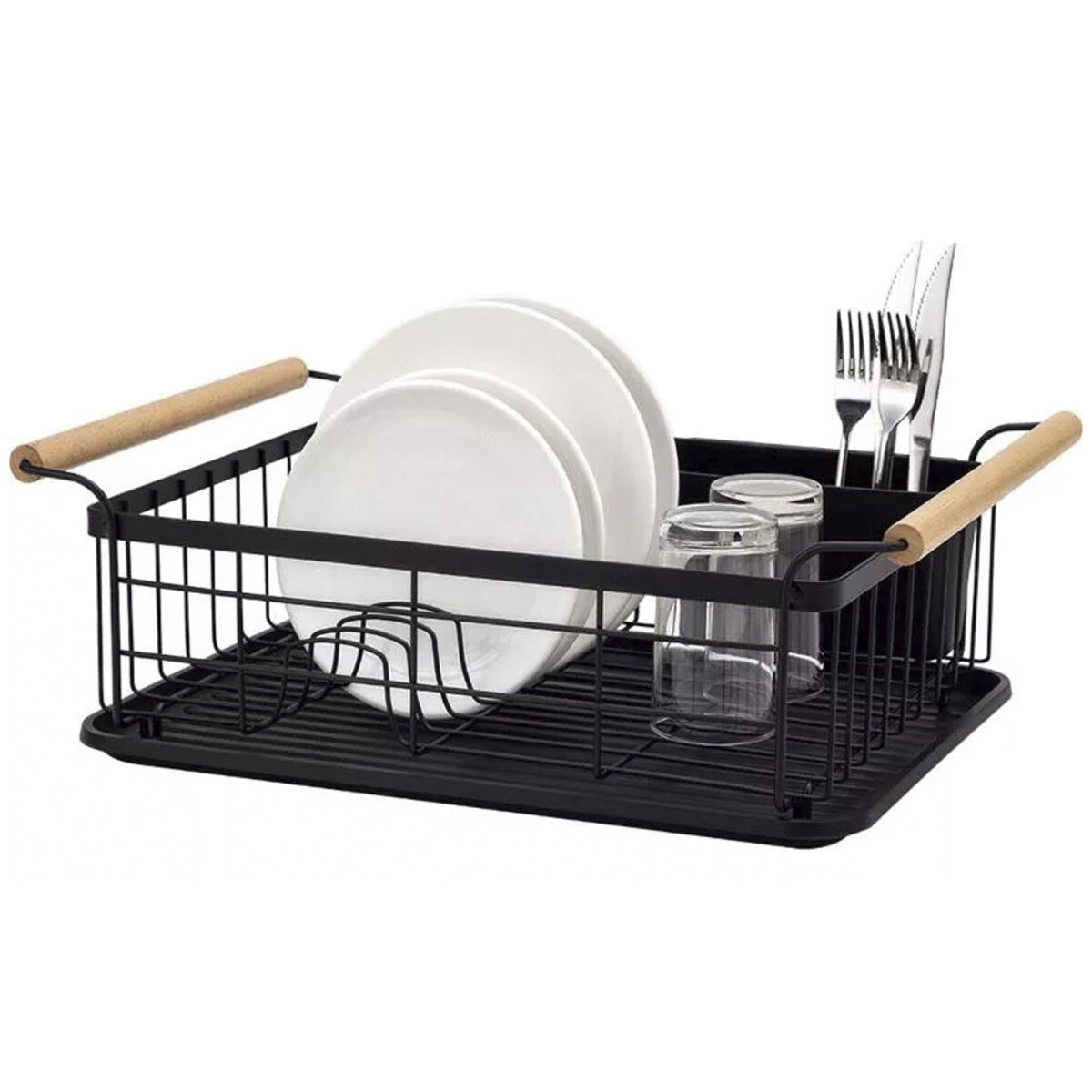 Escurridor de Platos en Metal con Asas de Madera - Negro 