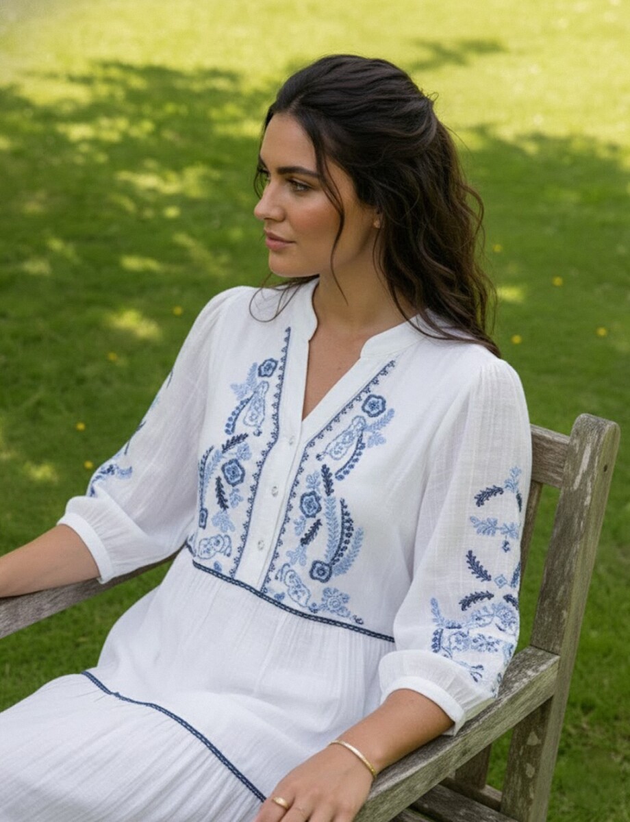 Vestido Detalle Bordado - Blanco/azul 