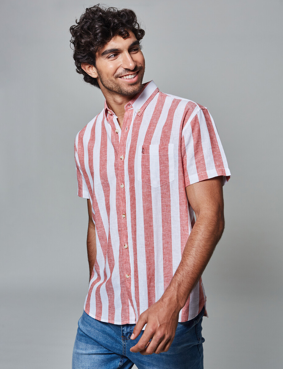 Camisa lino m/c rayada ladrillo