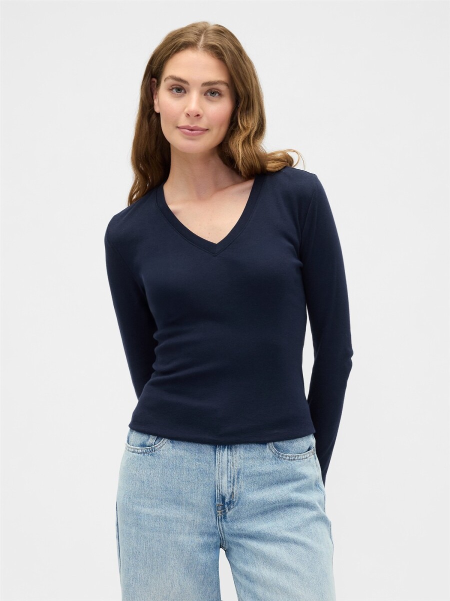 Remera Manga Larga Cuello V Mujer - Navy Uniform 
