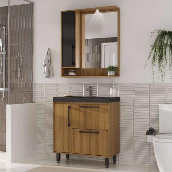 MUEBLE DE BAÑO 80 CM CON MESADA Y BOTIQUIN CON ESPEJO - MIEL/NEGRO MUEBLE DE BAÑO 80 CM CON MESADA Y BOTIQUIN CON ESPEJO - MIEL/NEGRO