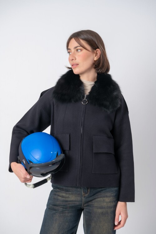 Campera tejida con piel Negro