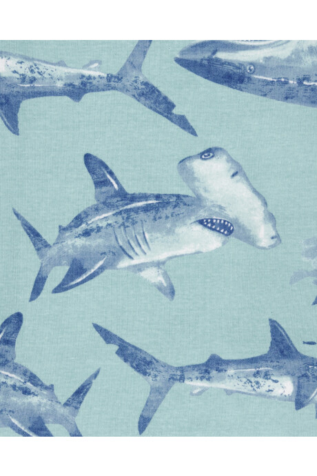Pijama cuatro piezas de algodón, dos remeras, short y pantalón, diseño tiburones Sin color