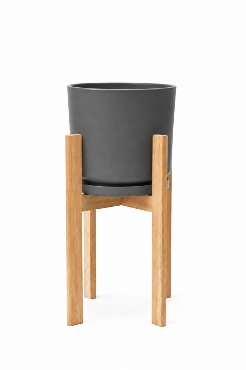 MACETA CERAMICA GRANDE CON SOPORTE ALTO - GRIS OSCURO 