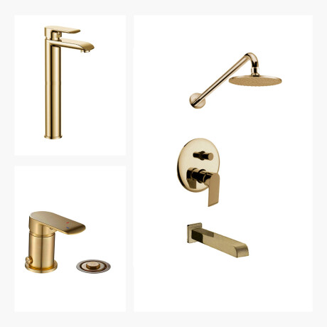 JUEGO DE GRIFERIA COMPLETO. INCLUYE DUCHA EMBUTIDA, VISTA, LAVATORIO ALTO Y BIDET ORO SEMI MATE AQUALIA DORADO-BRUSHED GOLD
