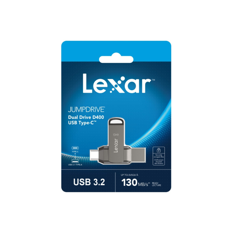 Pendrive Lexar 64GB Dual Jumpdrive D400 USB-A y USB-C 3.2 Pendrive Lexar 64GB Dual Jumpdrive D400 USB-A y USB-C 3.2