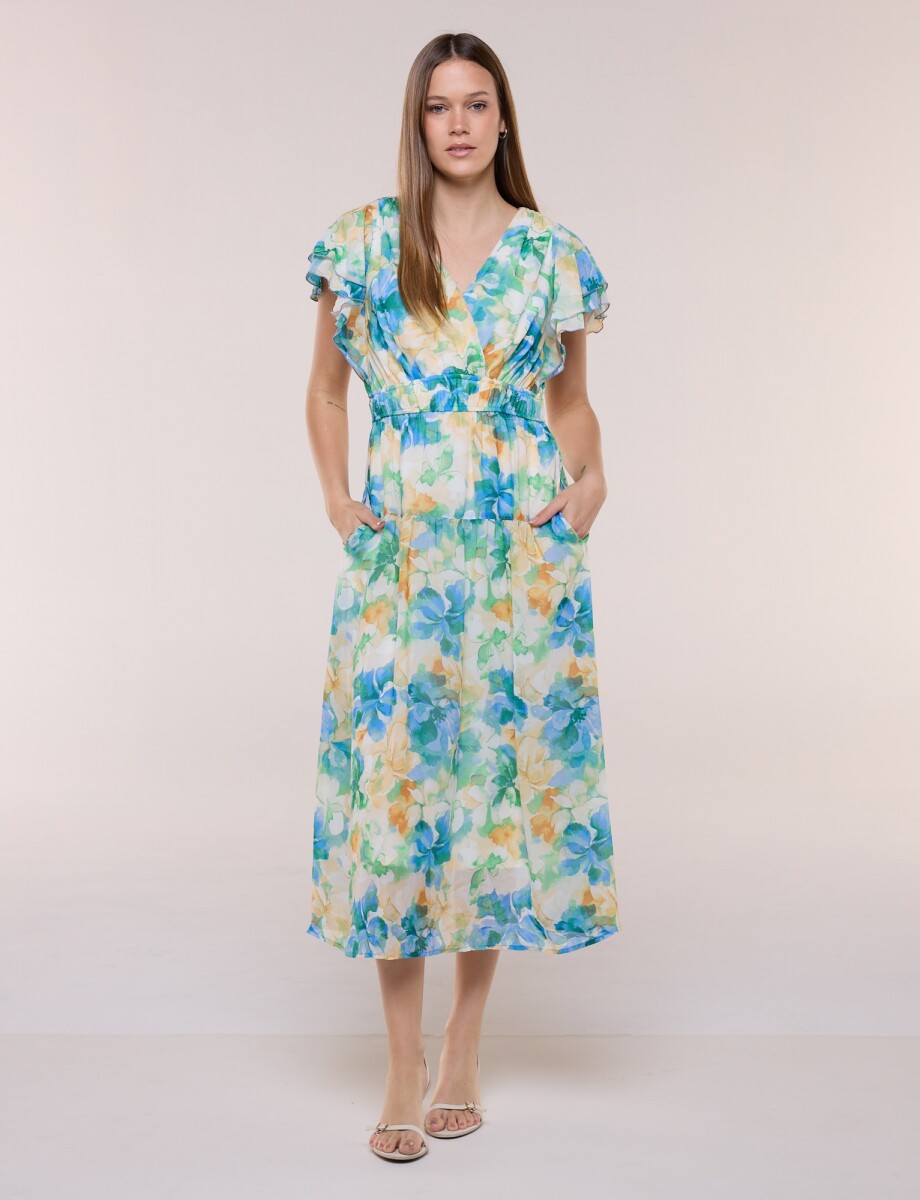 Vestido Midi De Gasa Con Mangas Con Volados - Multi/azul 